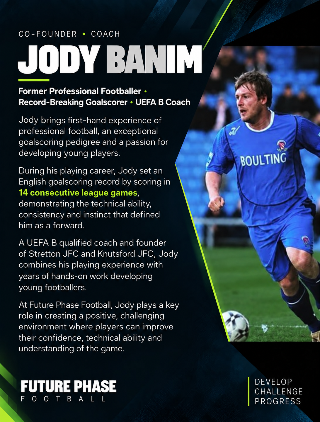 Jody Banim, Future Phase Football co-founder and coach. Former professional footballer, record-breaking goalscorer and UEFA B coach.